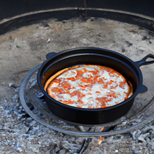 A cast iron Dutch oven placed over a campfire, ready to cook a delicious pizza.