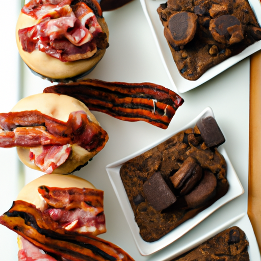 A decadent dessert featuring bacon-infused treats, including maple bacon cupcakes and bacon chocolate chip cookies.